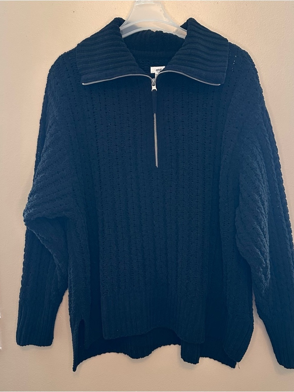 aerie Black Half-Zip Cable Knit Sweater